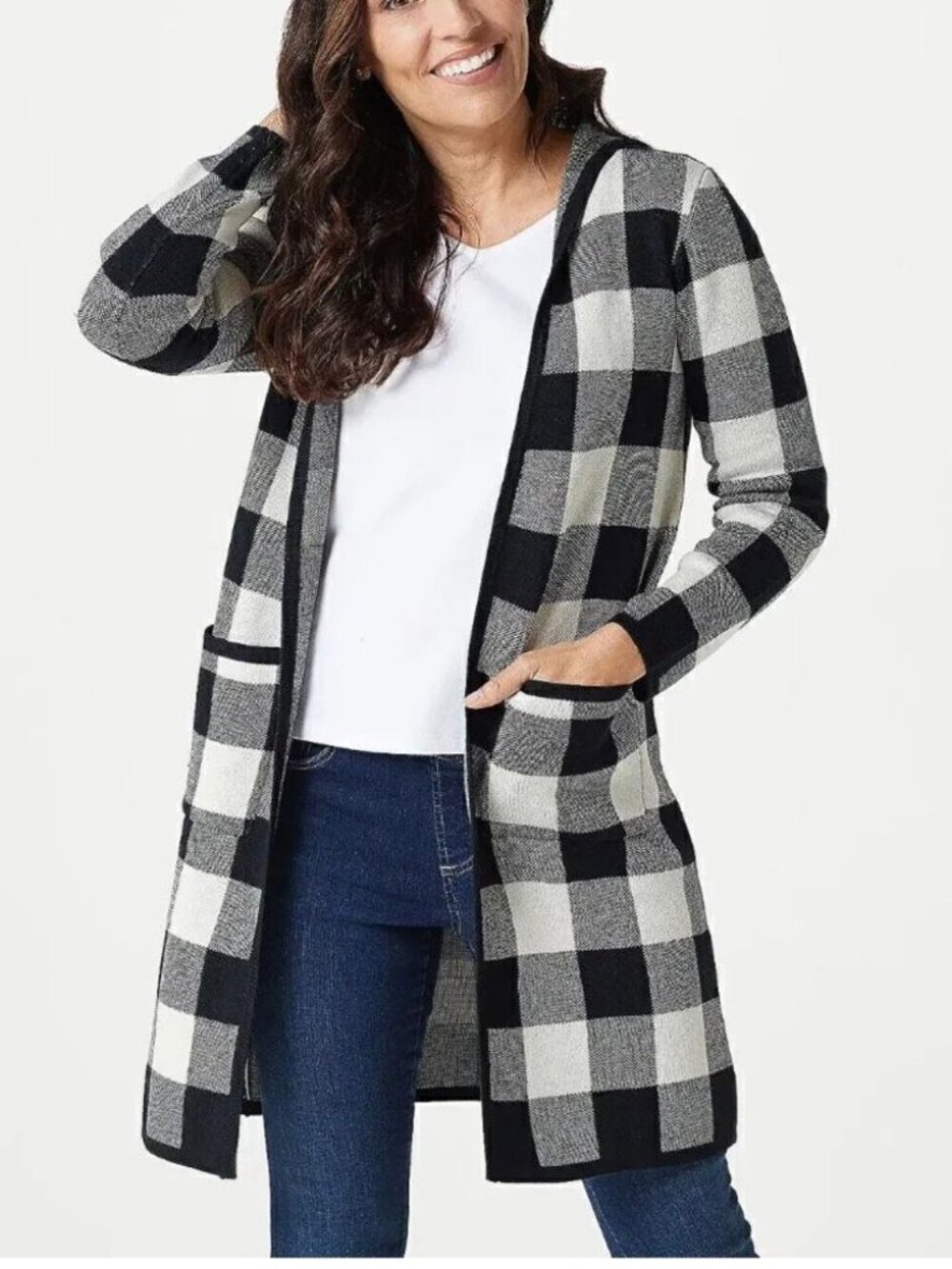 Denim & Co. Jacquard Open Front Hooded Cardigan